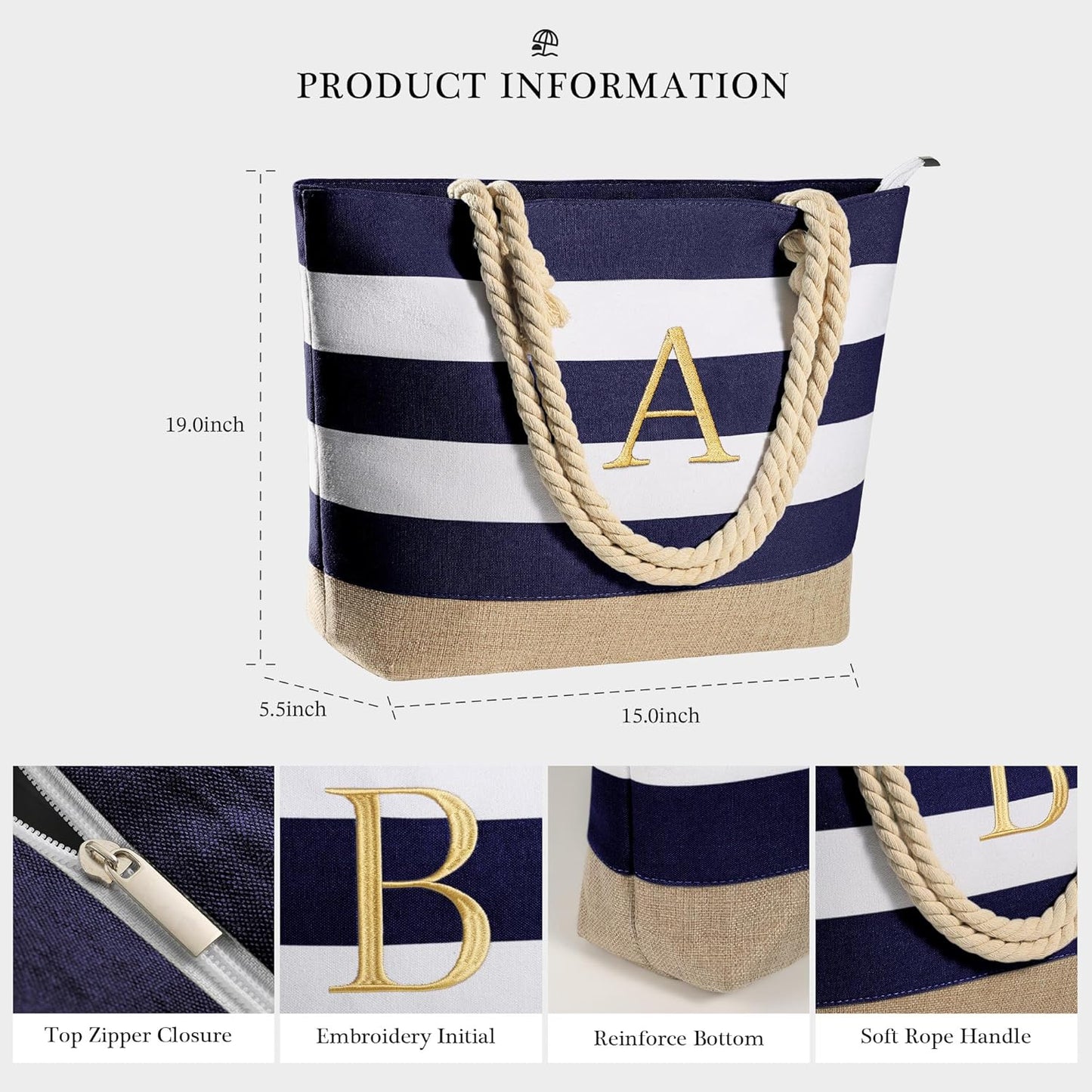 YOOLIFE Initial Canvas Waterproof Beach Tote Bag Zipper Personalized Gifts for Women Her Birthday Travel Beach Essential