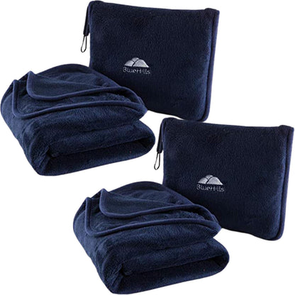 BlueHills Premium Soft 2-Pack Travel Blanket Pillows Airplane Large Plane Flight Throw Blankets for Two in Bag Compact Traveling Essentials Set Packable Warm Gifts Navy Blue T011