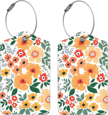 2 Pcs Luggage Tags for Suitcase, Cute Unique PU Leather Travel Bag Tag with Privacy Cover ID Label Address Card and Durable Metal Ring Suitable for Men Women Children Backpack,Yellow Flower