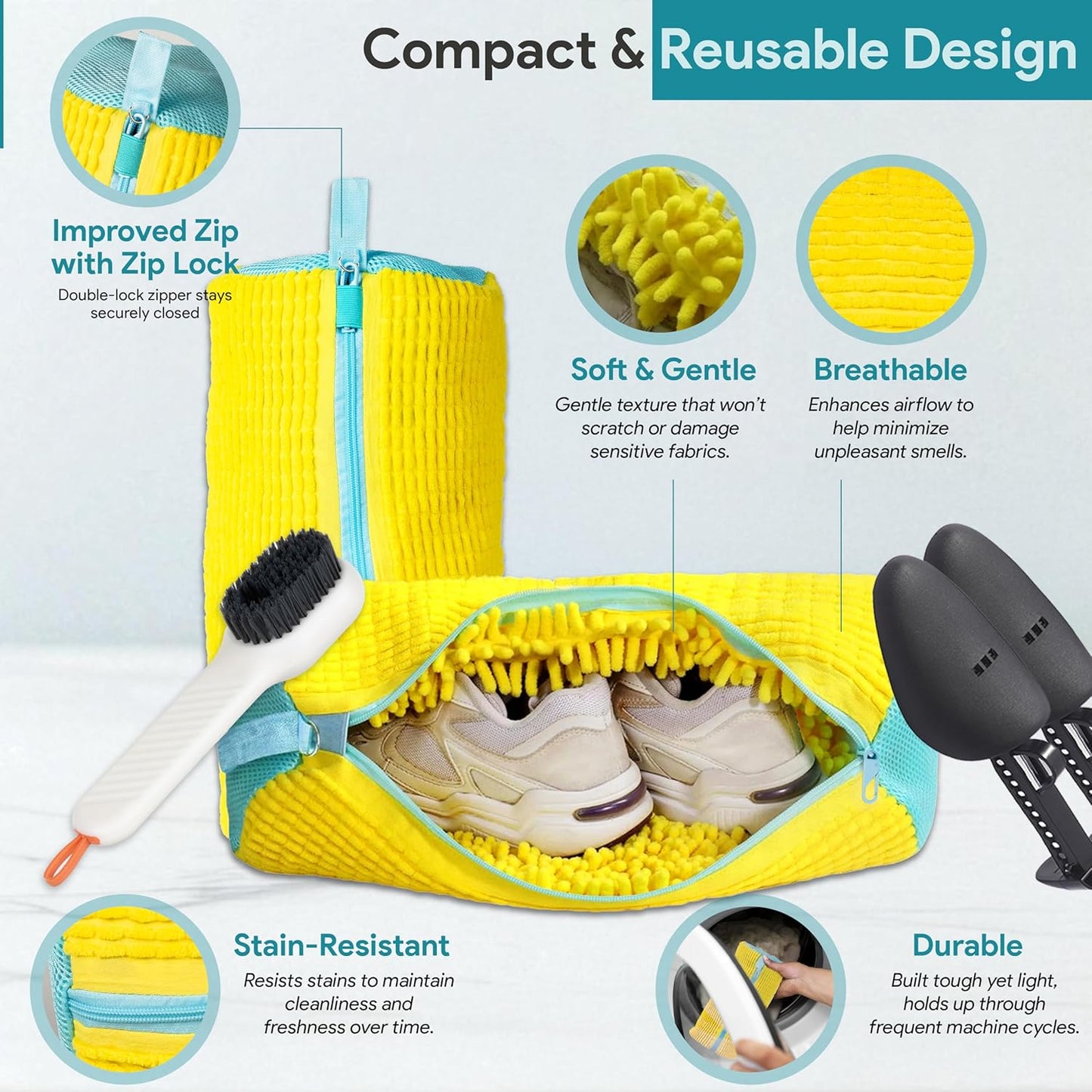 Shoe Washing Machine Bag - 2Pcs Shoe Washing bag,360° Deep cleaning Durable sneaker washing machine bag, Fits All Shoe Types & Sizes,Yellow,14.8 x 7.4inches