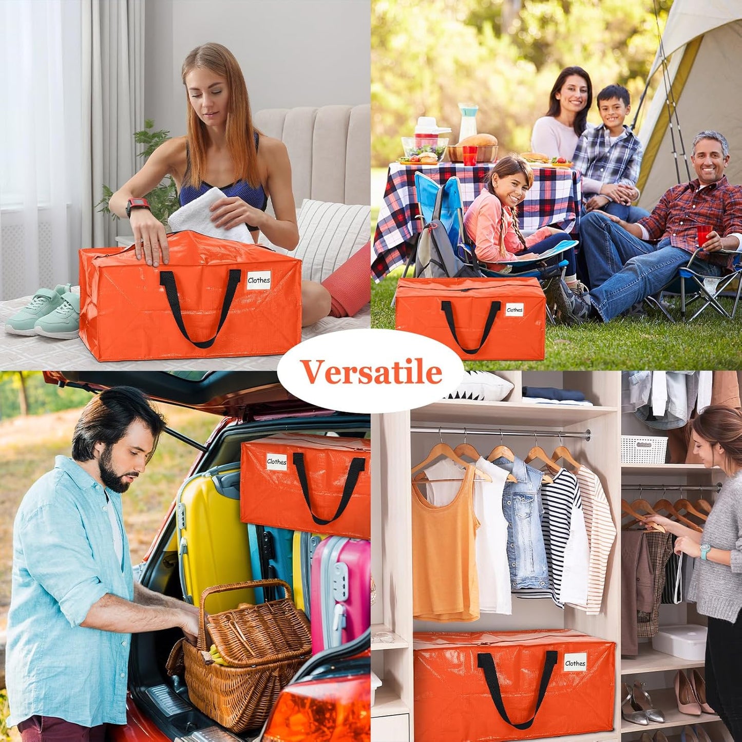 4 Pcs 24 Gallon Large Moving Bags with Zipper and Handles Foldable Storage Duffle Bags Heavy Duty Extra Large Totes for College Dorm Travel Clothes Blankets Bedding Moving (Orange)