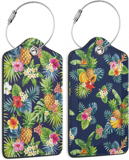 Tropical Pineapples Luggage Tags for Suitcases,2 Pack Palm Leaves Flowers Luggage Tag,Leather Stainless Steel Loop Label Tag for Women Men Girls Travel Bag Suitcase