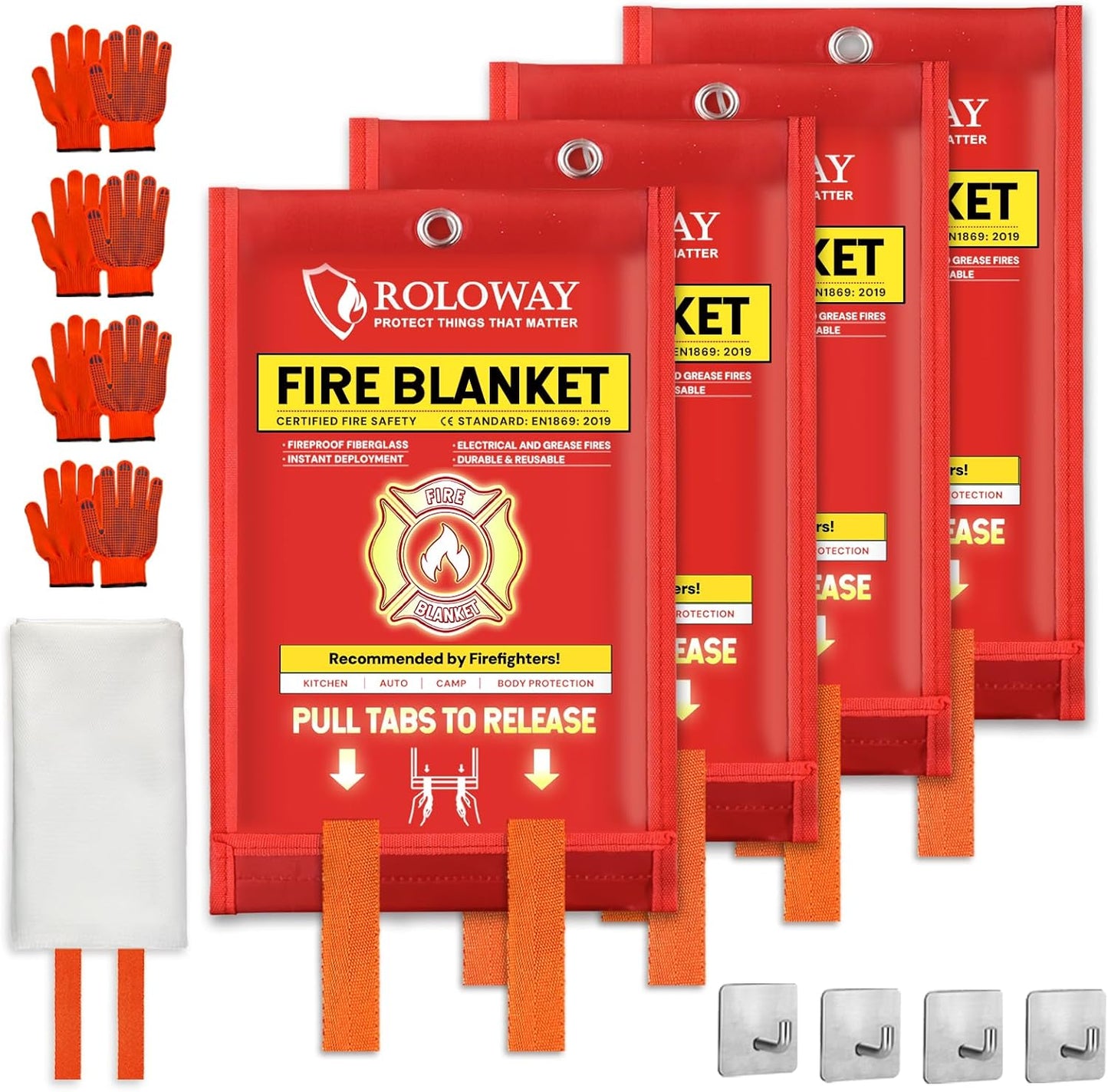 ROLOWAY Emergency Fire Blanket for Home and Kitchen, Fire Blankets Emergency for Home Safety (40 x 40 Inch) with Hooks, Gloves, Fire Suppression Blanket with Emergency Whistle for Fire Safety (4 Pack)