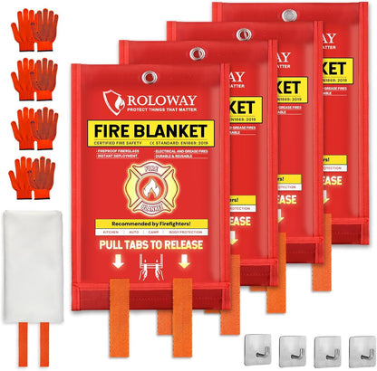 ROLOWAY Emergency Fire Blanket for Home and Kitchen, Fire Blankets Emergency for Home Safety (40 x 40 Inch) with Hooks, Gloves, Fire Suppression Blanket with Emergency Whistle for Fire Safety (4 Pack)