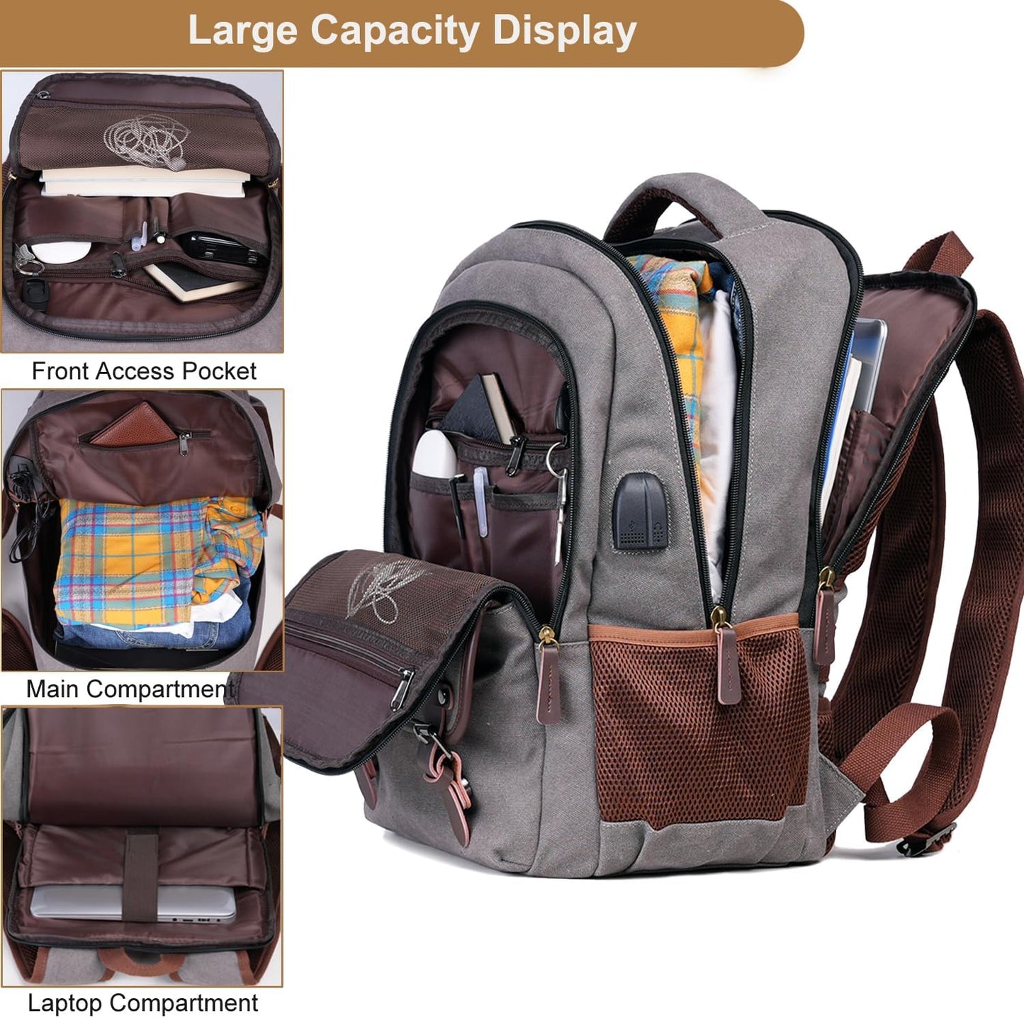 Mactso Canvas Travel Laptop Backpack for Men Women, Business Work Rucksack College School Computer Bag Fits 15.6 Inch Notebook,Bookbag with USB Charging Port (Grey, 15.6 Inch)