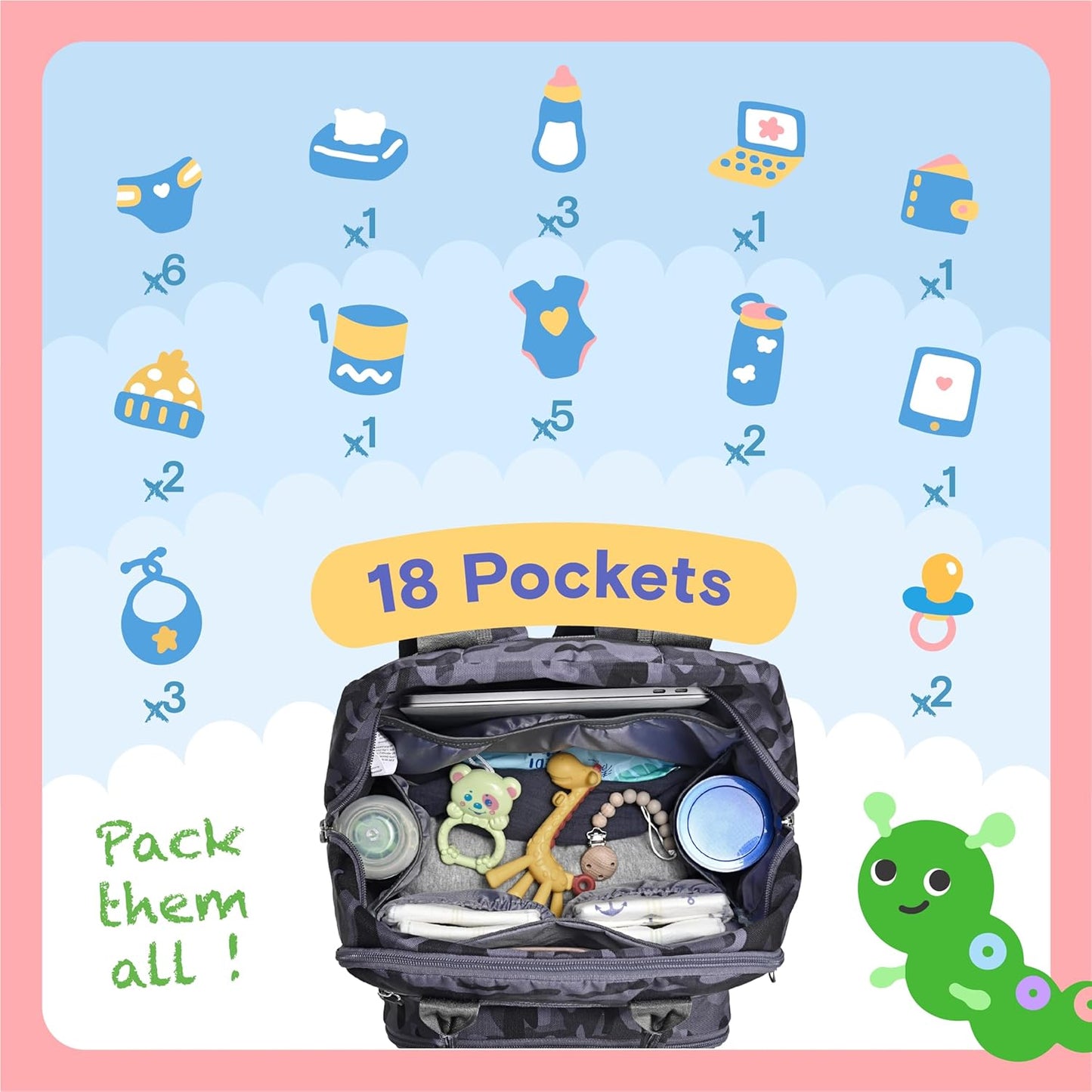 iniuniu Diaper Bag Backpack, 4 in 1 kit Large Unisex Baby Bags for Boys Girls, Waterproof Travel Back Pack with Diaper Pouch