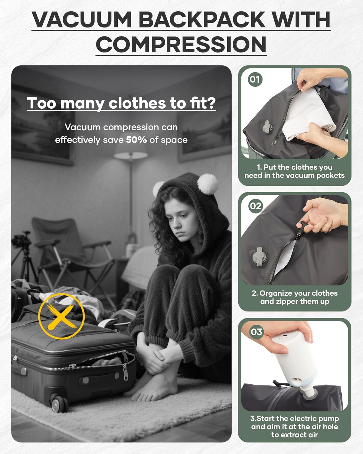 Vacuum Backpack With Vacuum Compression,Expanded Travel Laptop Backpacks For Women Men,Carry On Backpack Vacpack Backpacks With Pump Seal Packing, Personal Item Travel Bag Olive Green