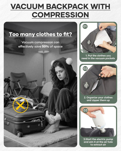 Vacuum Backpack With Vacuum Compression,Expanded Travel Laptop Backpacks For Women Men,Carry On Backpack Vacpack Backpacks With Pump Seal Packing, Personal Item Travel Bag Olive Green