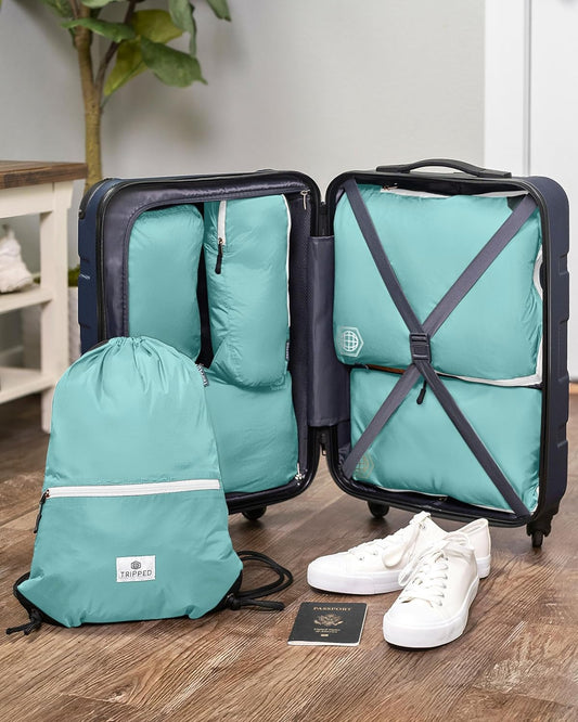 Large Compression Packing Cubes 6 Piece Set for Travel with Lightweight Laundry Bag/Drawstring Backpack for Carry-On Suitcase (Teal/White)