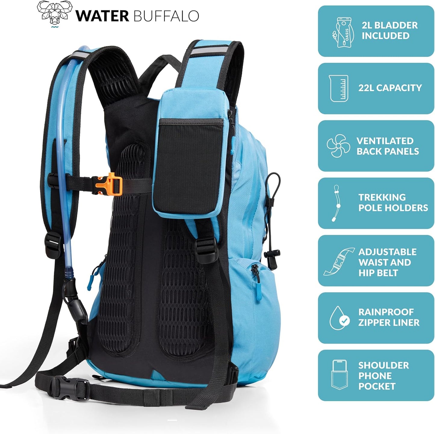 Water Buffalo Hydration Backpack - Sherpa 22L Hiking Backpack with Water Bladder - Water Backpack for Hiking with Waterproof Zippers, Phone & Pole Holders