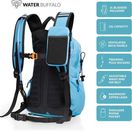 Water Buffalo Hydration Backpack - Sherpa 22L Hiking Backpack with Water Bladder - Water Backpack for Hiking with Waterproof Zippers, Phone & Pole Holders