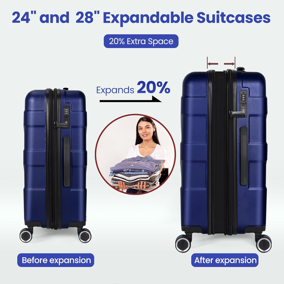 Luggage Sets 3 Piece with Spinner Wheel, Hardside Suitcase Set with TSA Lock, Expandable Lightweight Travel Luggage for Men and Women, Blue