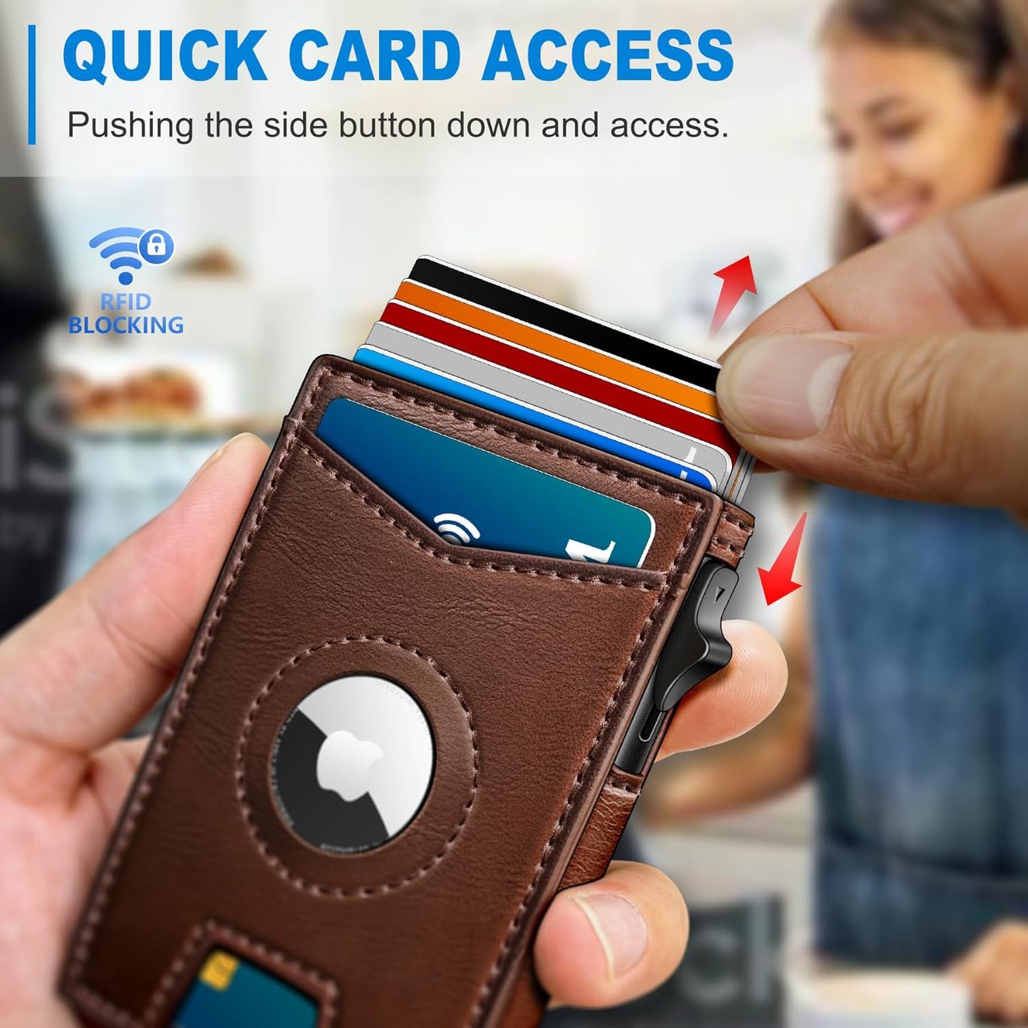 Airtag Wallet for Men,with Money Clip Gift Boxed,Slim Front Pocket Wallet RFID Blocking Metal Case Smart Pop-up Credit Card Holder in Magnetic Leather Flip