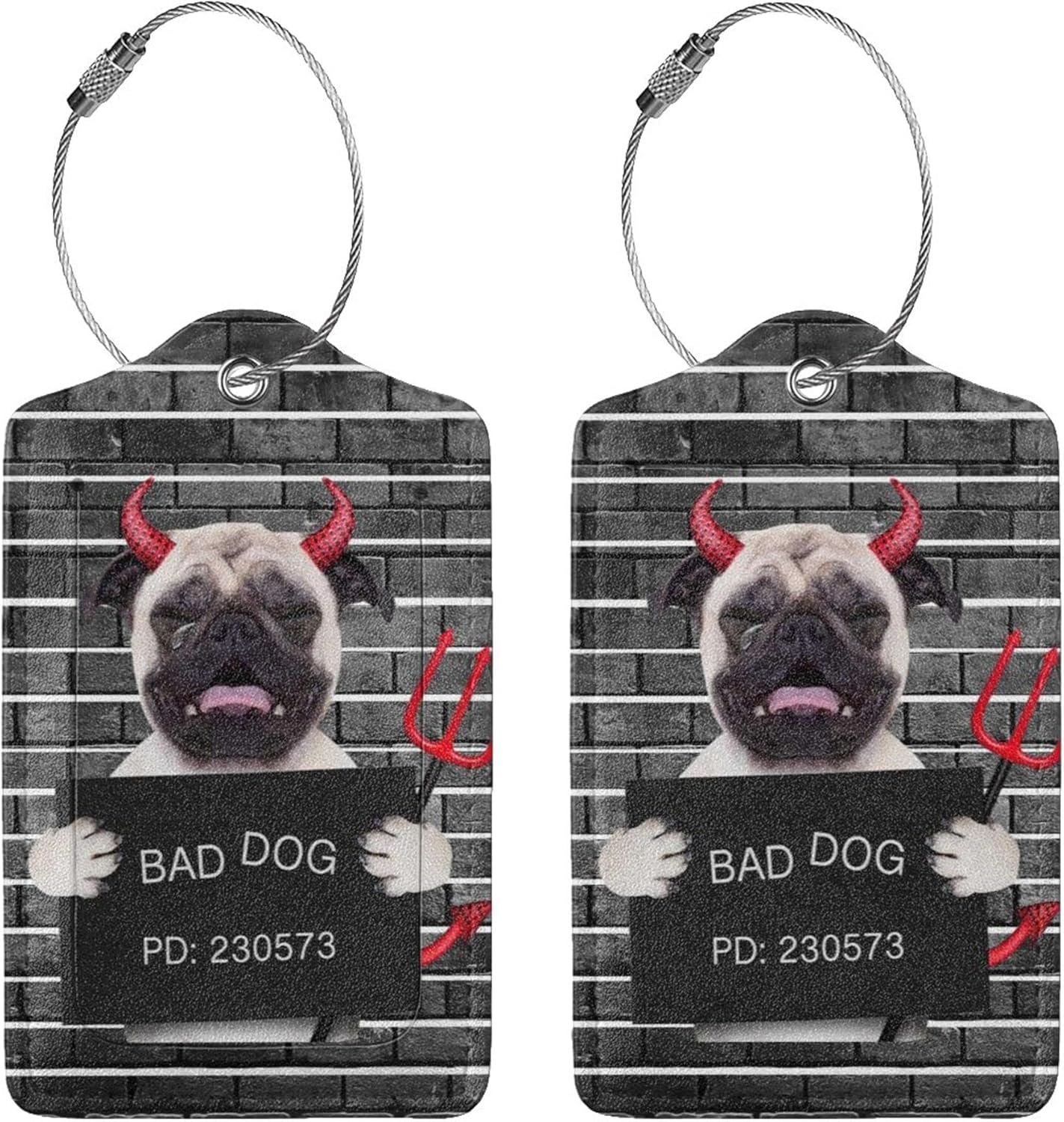 2 Pack Luggage Tags for Suitcase, Devil Pug Dog PU Leather Travel Luggage Tag with Privacy Flap, Name ID Label and Metal Loop for Women Men Suitcase Baggage Bag Backpack