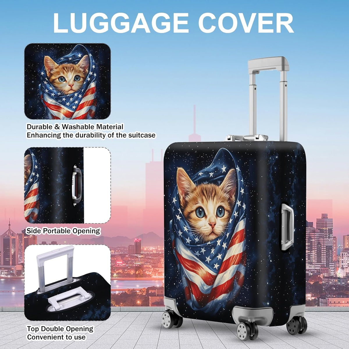 ANNA QUEEN Cute Patriotic Cat Luggage Cover, American Flag Suitcase Protector, Stretchable, Washable Travel Cover for 24-26 Inch Luggage