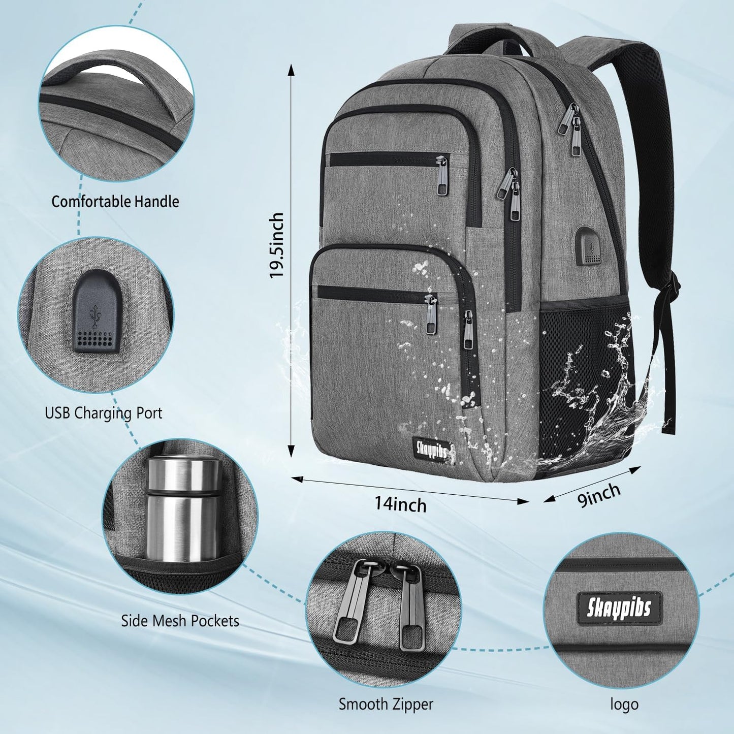 Travel Laptop Backpack, Business Carry on Backpack Flight Approved Backpack, Large Travel Work Backpacks for Men Women with USB Charger Port, Rucksack Bag, Mochila de viaje, Grey