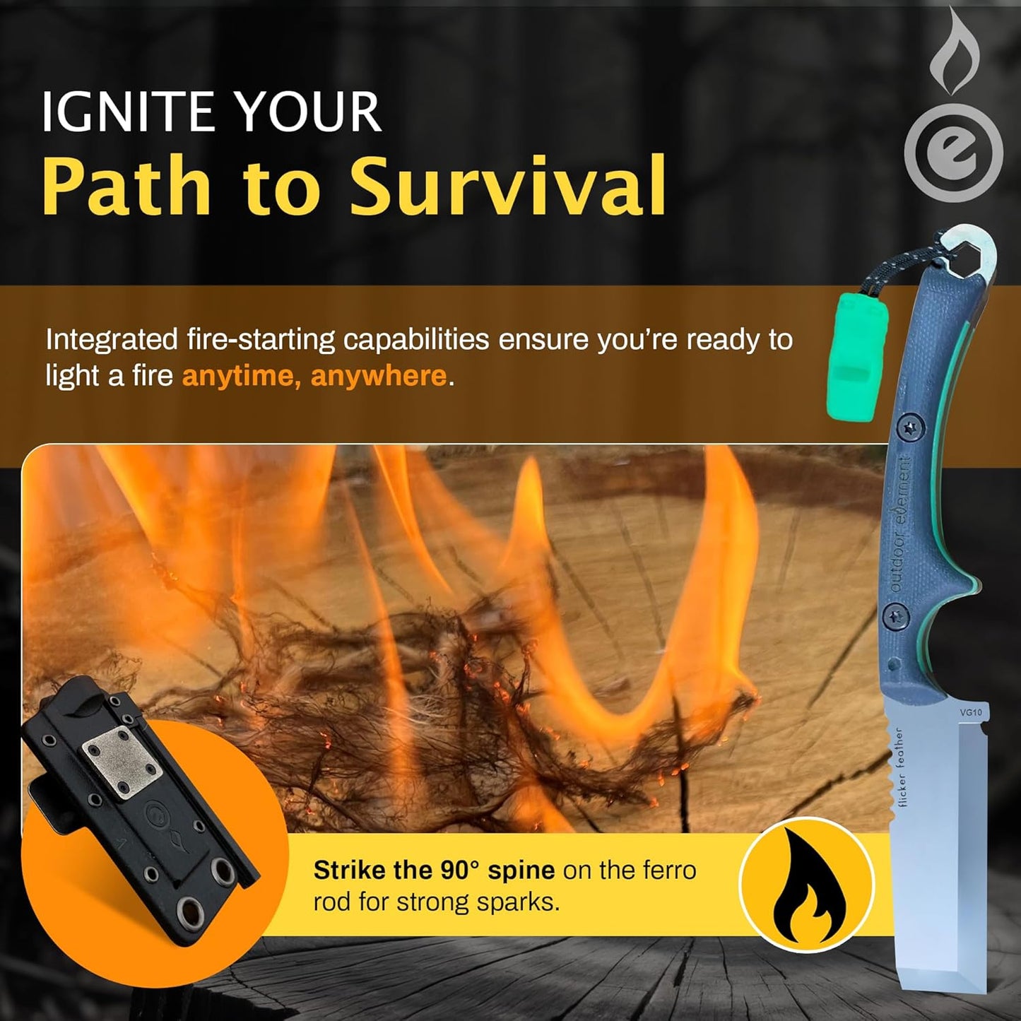 OUTDOOR ELEMENT Flicker Feather Knife Wise Owl GLOW - Right-Handed Survival Chisel Blade for Camping, Hunting, Culinary Knives & Bushcraft - Fixed Blade with Sheath, Firestarter and Emergency Whistle