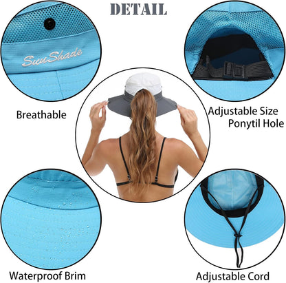 Womens Summer Sun Hat Beach Hat Wide Brim Outdoor UV Protection Hat Foldable Cool Mesh Ponytail Bucket Hat