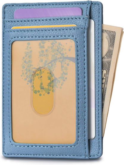 Buffway Slim Minimalist Front Pocket RFID Blocking Leather Wallets for Men and Women - Lichee Blue Grey