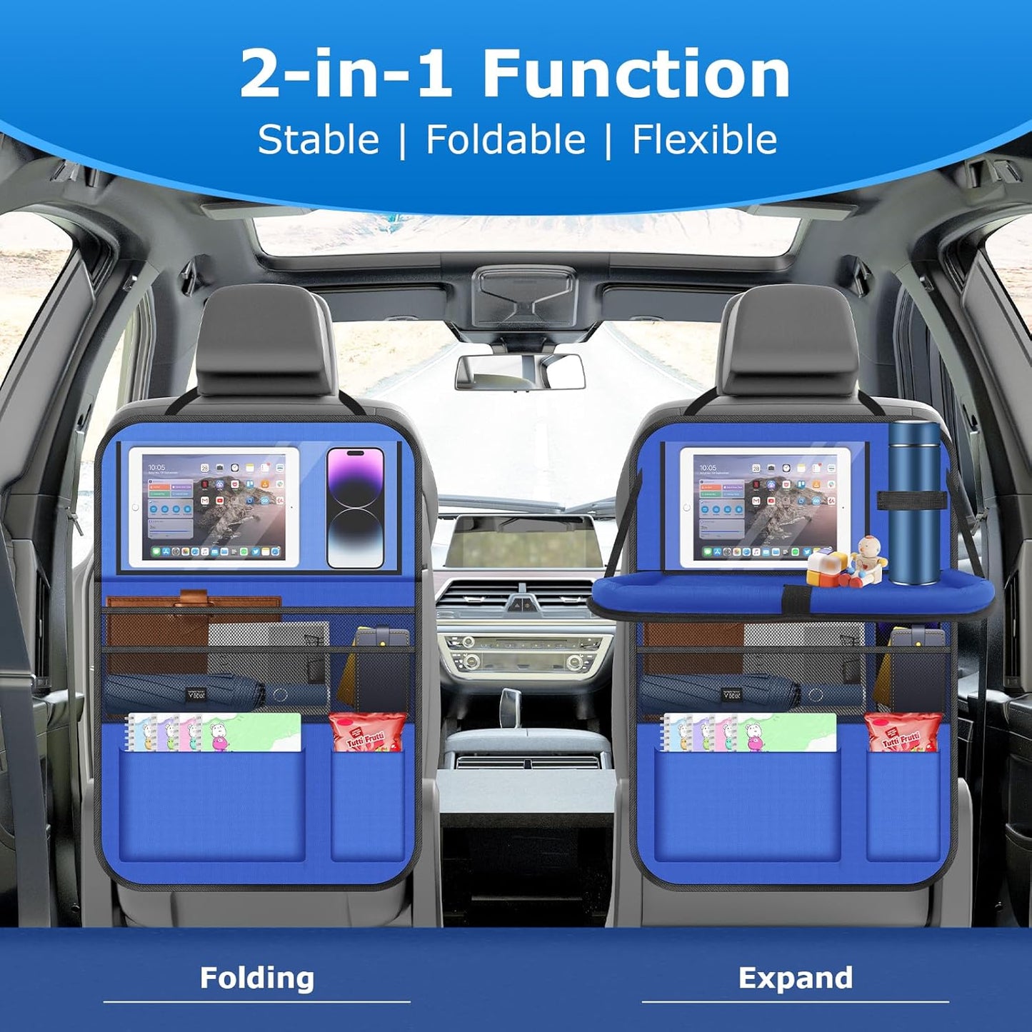 Car Backseat Organizer with tableTray & 9 Storage Pockets for Road Trip Essentials Travel Backseat Car Organizer for Bottle Snack Books(Blue)