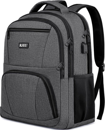 School Backpack for Teens & College Students - 17.3 Inch Laptop Backpack with USB Charging Port, Water Resistant Travel Bookbag for Men, Women, Business & University, Grey