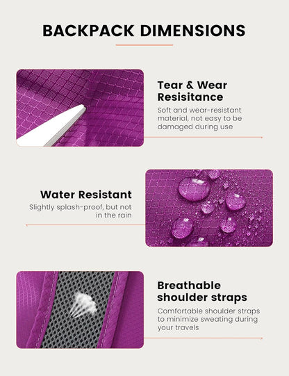 SKYSPER 15L Lightweight Small Hiking Backpack for Women Men, Foldable Travel Daypack, Packable Camping Backpack Mini Outdoor Hiking Bag (Purple)