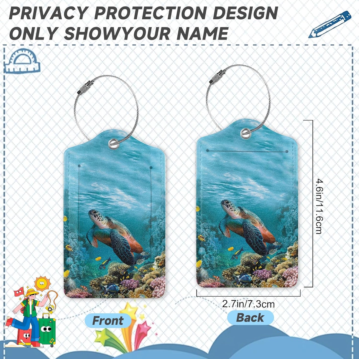 Set of 2 Luggage Tags for Suitcases, Leather Turtle Fish and Coral Baggage Tags with Stainless Steel Loop, Privacy Name ID Card Cover Kawaii Travel Labels for Women Men Kids Girls