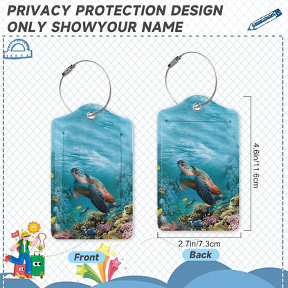 Set of 2 Luggage Tags for Suitcases, Leather Turtle Fish and Coral Baggage Tags with Stainless Steel Loop, Privacy Name ID Card Cover Kawaii Travel Labels for Women Men Kids Girls