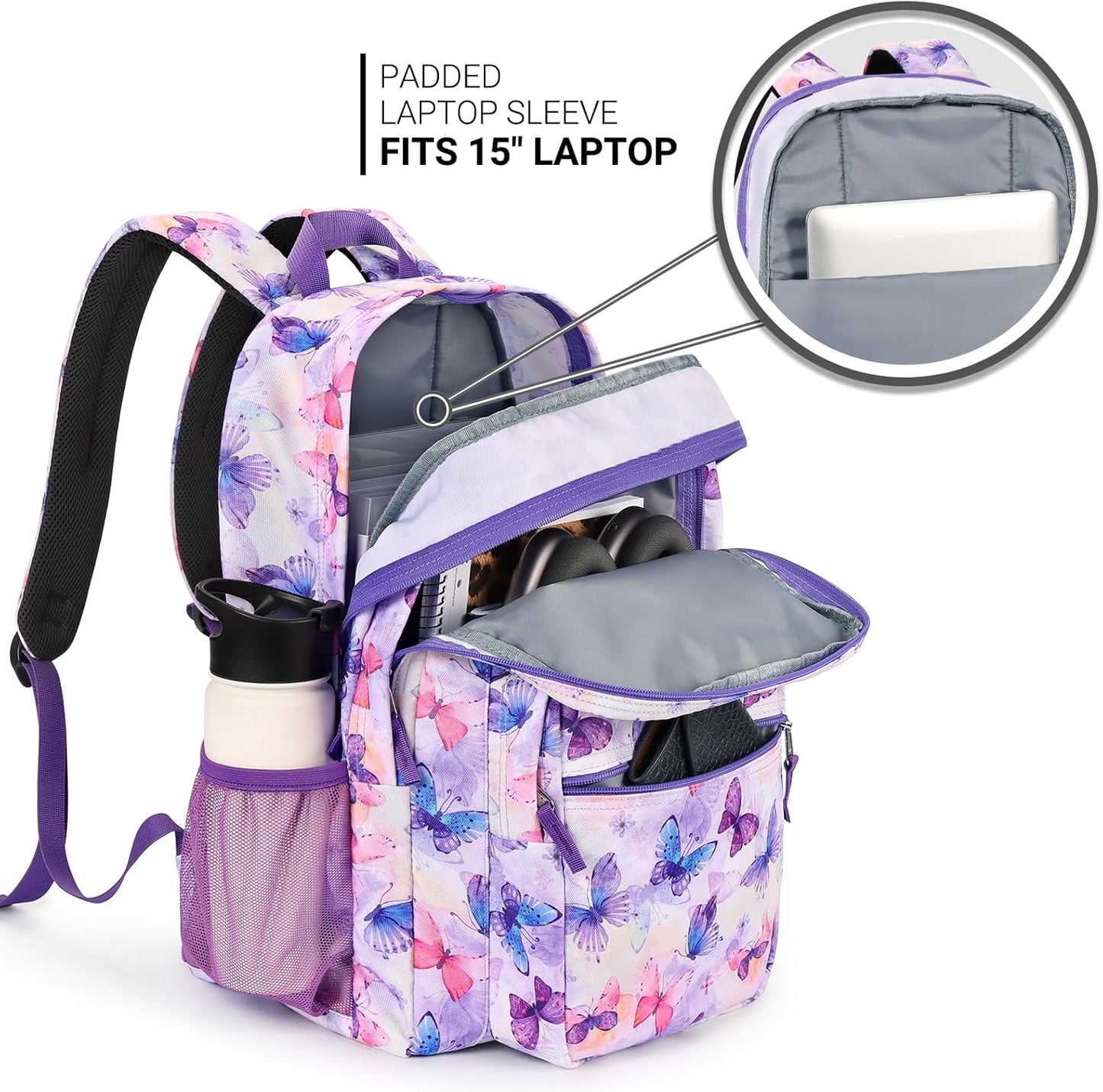 ZORFIN 26L Backpack for College, and Travel: Water Resistant Bookbag - Butterfly Purple
