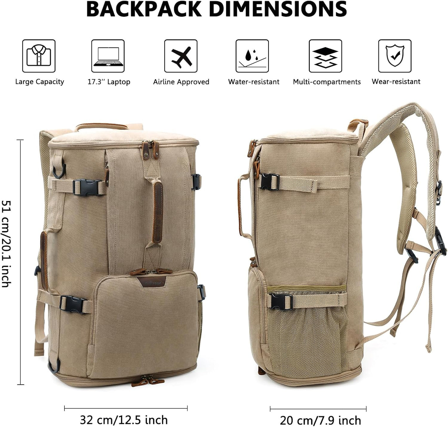 G-FAVOR 40L Travel Backpack, Vintage Canvas Rucksack Convertible Duffel Bag Carry On Backpack Fit for 17.3 Inch Laptop Bag