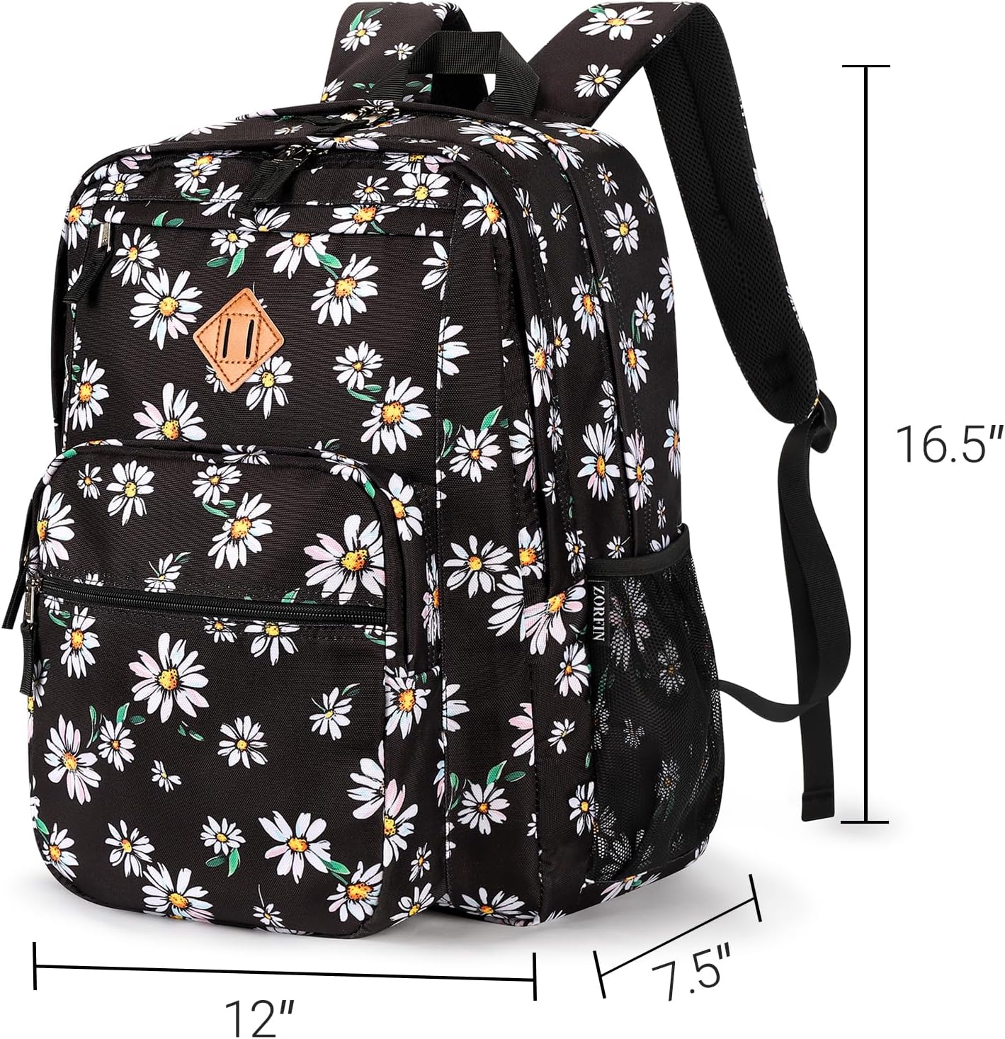 ZORFIN 26L Backpack for College, and Travel: Water Resistant Bookbag - Daisy Black