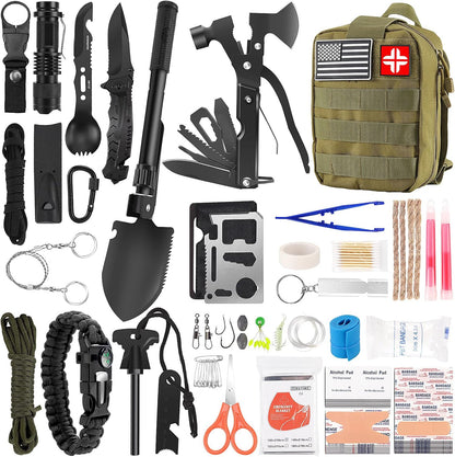 Emergency Survival Kit and First Aid Kit, 142Pcs Professional Survival Gear and Supplies Equipment with Molle Pouch, Gift for Christmas Men Dad Husband Camping Hiking Hunting Outdoor Adventure