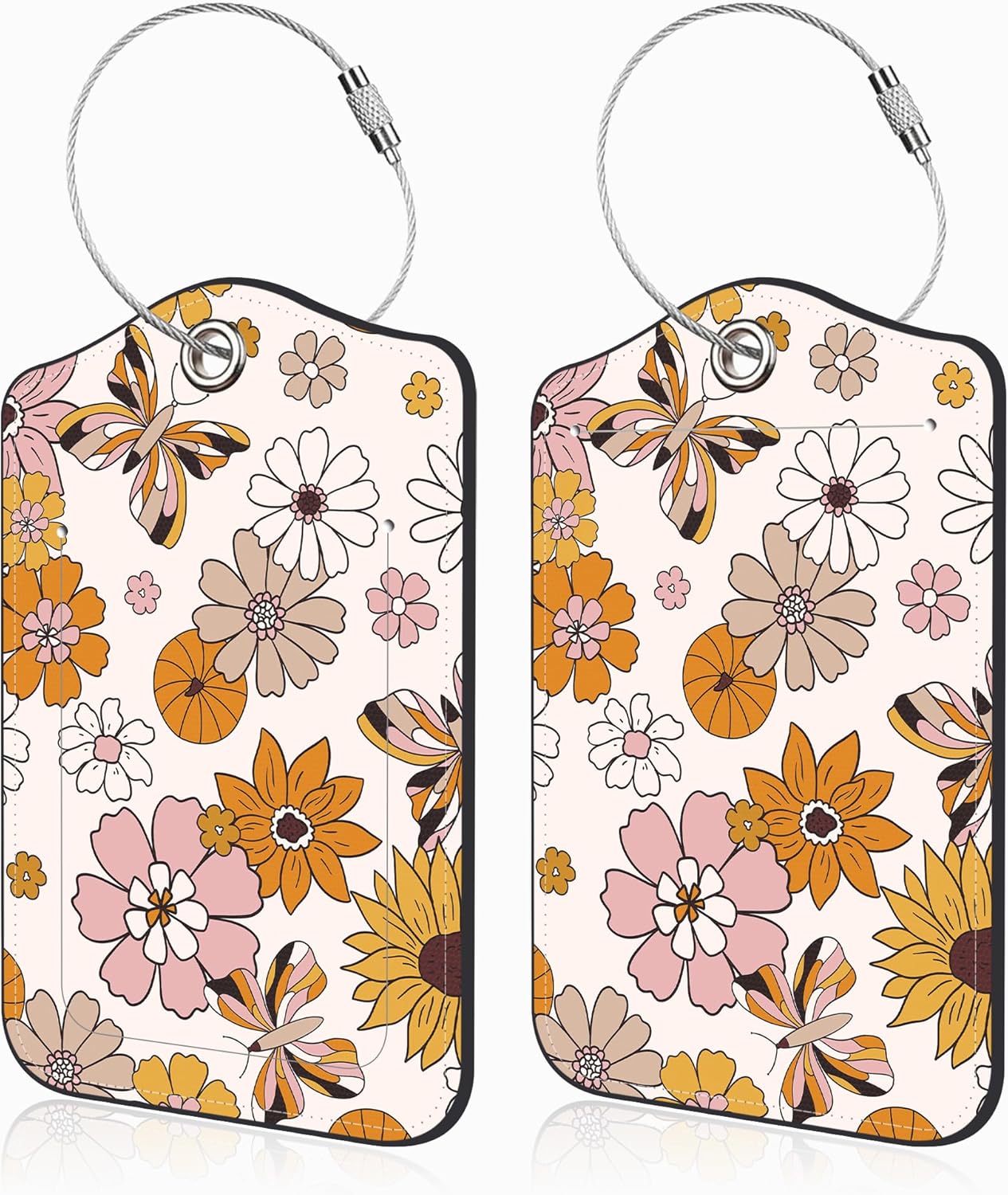 2 Pack Luggage Tags for Suitcases Retro Groovy Flowers and Butterfly Leather Luggage Tags Privacy Cover ID Label with Stainless Steel Loop and Address Card for Women Men Travel Bag Backpack