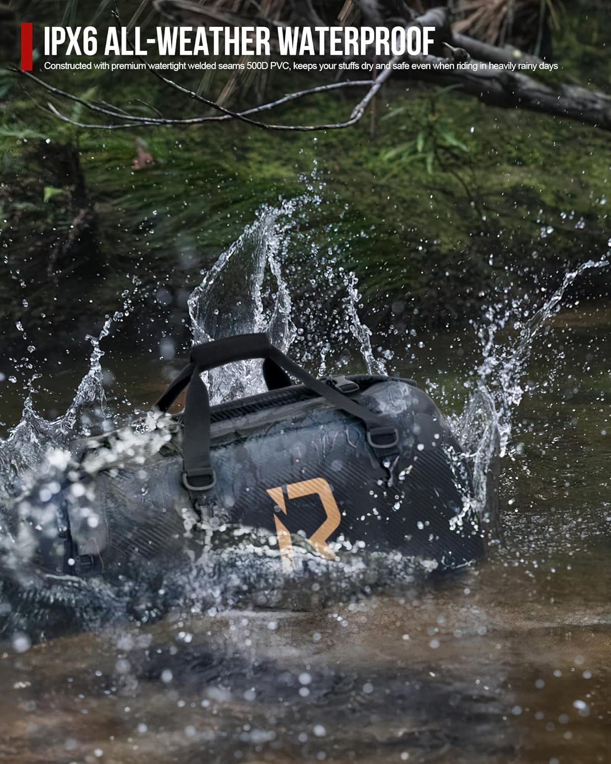 IRON JIA'S Motorcycle Dry Bag - Waterproof Duffle & Luggage Tail Bag Saddle Bags with Roll Top Closure, Shoulder Straps, Inner Pocket and Mesh Pocket (Carbon Fiber, 50L)