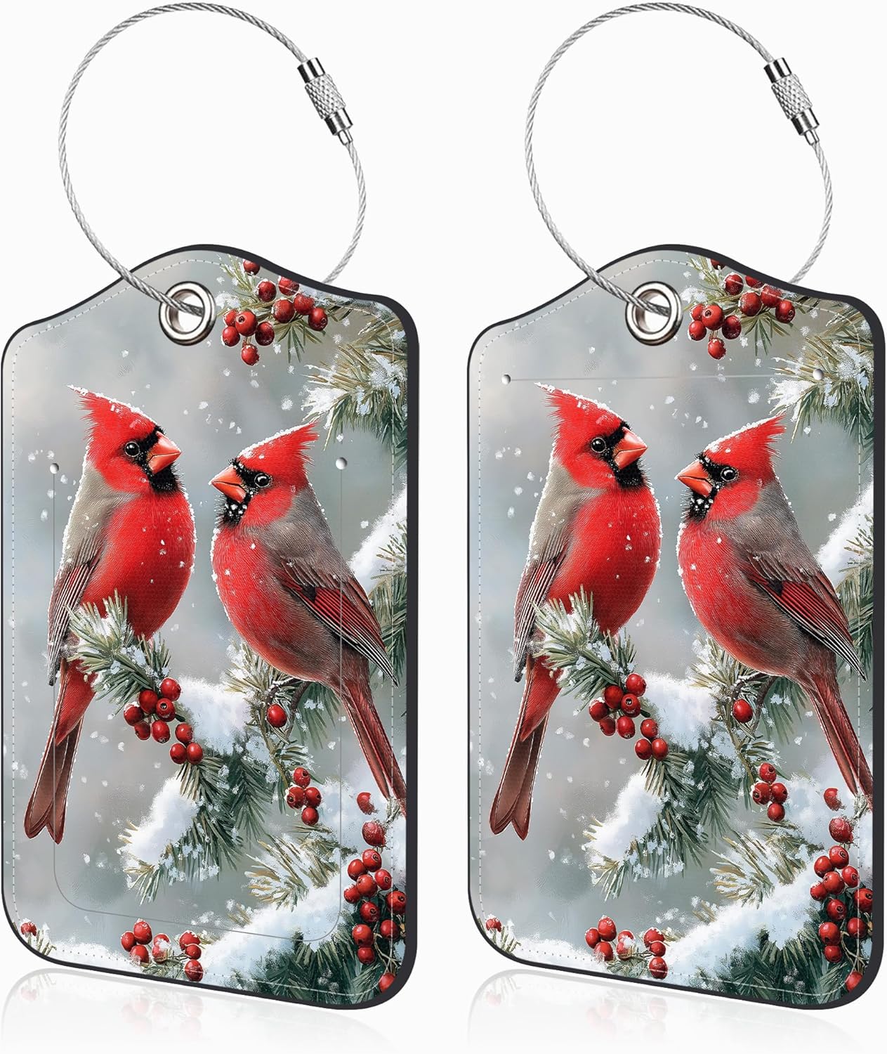 Red Cardinals on Snowy Branches Set of 2 Luggage Tags for Suitcases Leather Suitcase Tags Identifiers with Privacy Name Address Label and Stainless Steel Loop for Women Men Travel Luggage Accessories
