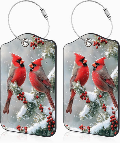 Red Cardinals on Snowy Branches Set of 2 Luggage Tags for Suitcases Leather Suitcase Tags Identifiers with Privacy Name Address Label and Stainless Steel Loop for Women Men Travel Luggage Accessories