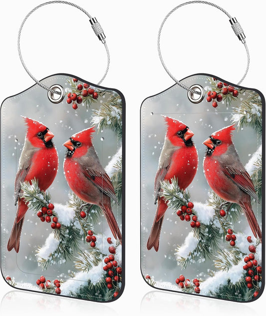 Red Cardinals on Snowy Branches Set of 2 Luggage Tags for Suitcases Leather Suitcase Tags Identifiers with Privacy Name Address Label and Stainless Steel Loop for Women Men Travel Luggage Accessories