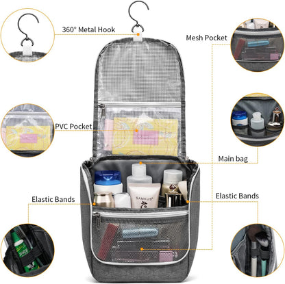 Della Gao Travel Hanging Toiletry bag for Men & Women, Water-resistant Sturdy Nylon Toiletries Organizer for Cosmetics, Makeup Brushes, Shaving Tools, Bathroom Bag, Grey