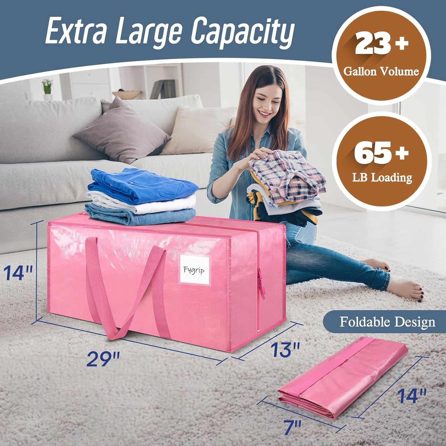 6 Pack Extra Heavy Duty Large Moving Bags with Strong Zipper & Comfortable Handles, Sturdy & Durable Clothes Storage Bags Totes Bins, Packing Moving Boxes for College Supplies, Pink