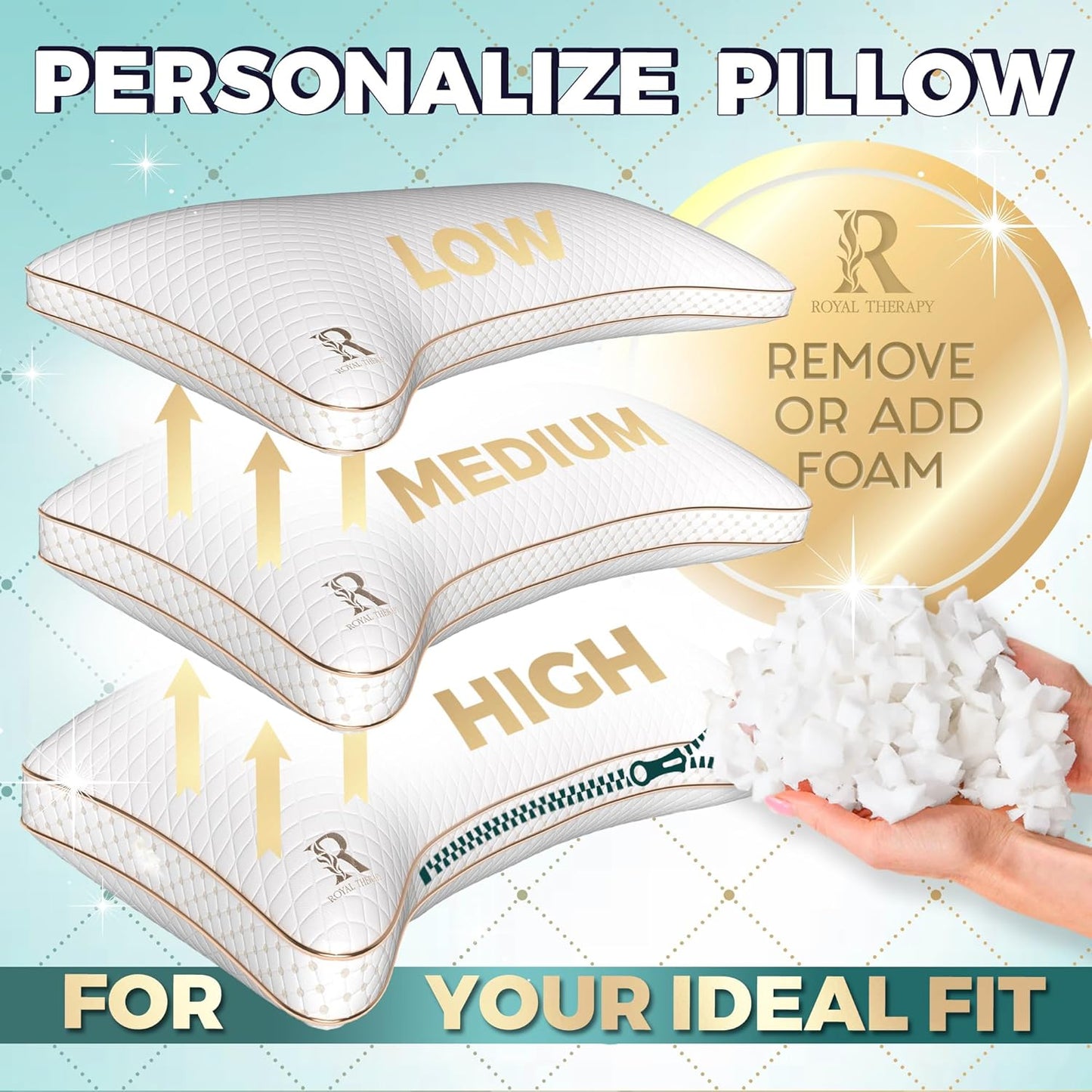 Royal Therapy King Size Pillows - Shredded Memory Foam Pillows for All Sleep Positions - Medium Firm Pillow with Adjustable, Bamboo Rayon Cover, CertiPUR-US, Oeko-TEX Certified