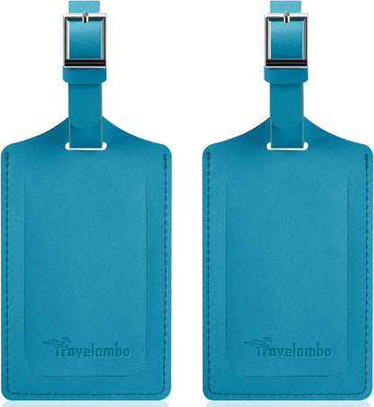 Travelambo Luggage Tags for Suitcases Faux Leather Privacy Protection 2 Pack Bag Tags Travel Accessories Essential, Energetic Blue