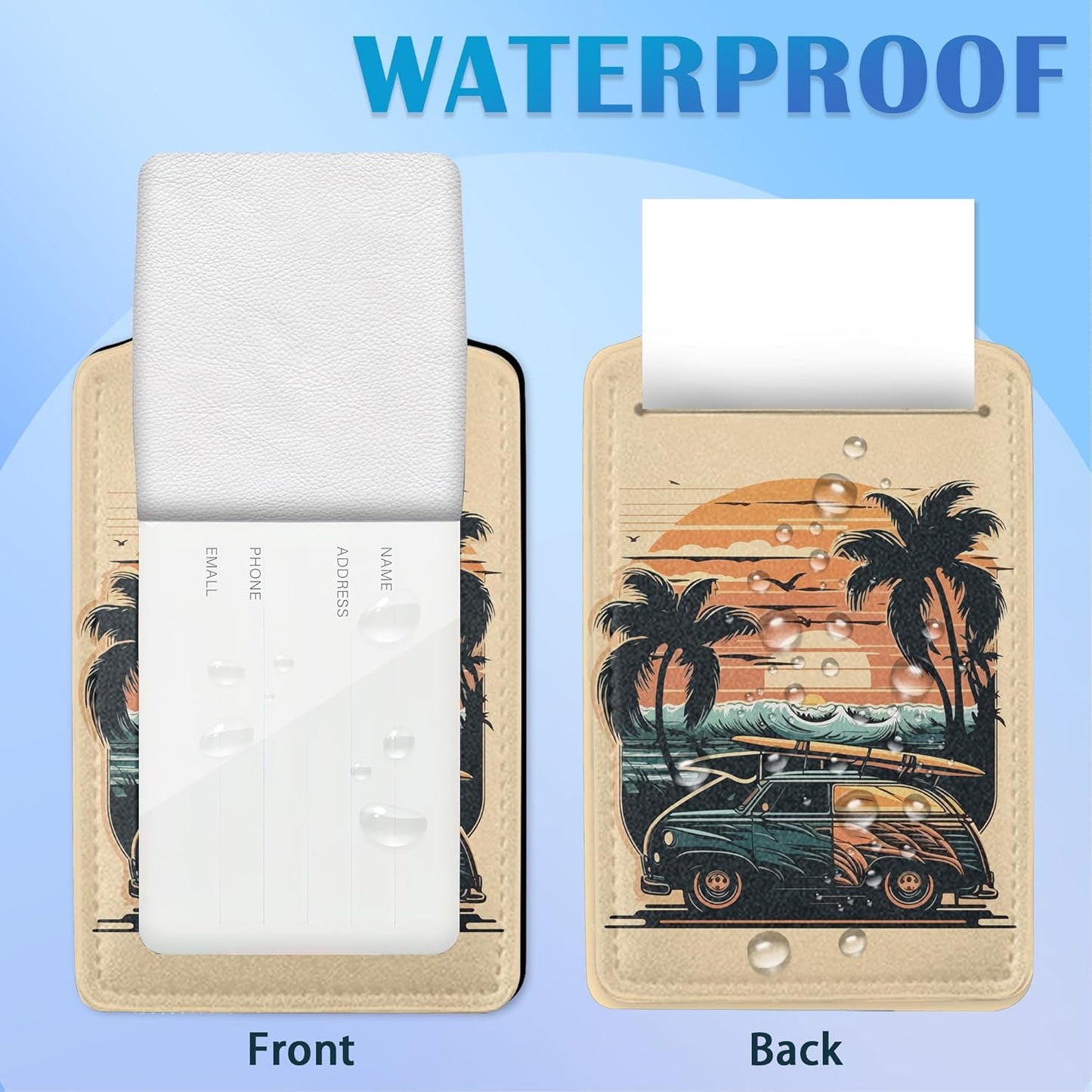 Car Palm Tree and Sunset On The Ocean 2 PCS Luggage Tags, Privacy Cover ID Label with Stainless Steel Loop and Address Card for Travel Bag Suitcase