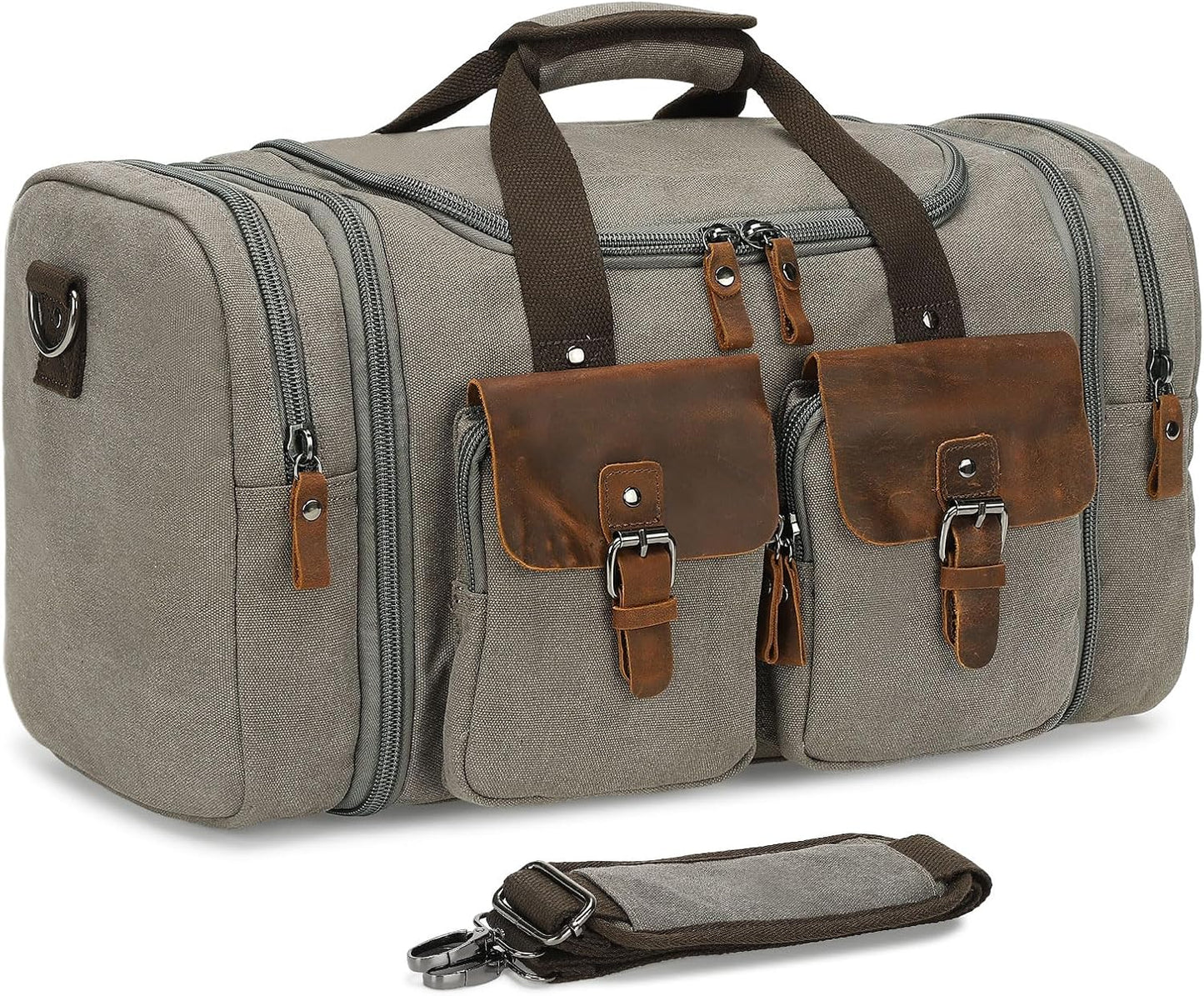Canvas Duffle Bag with Genuine Leather Accents, Expandable 20-23 Inch Travel Weekender, Multiple Pockets, Gray