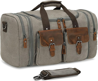 Canvas Duffle Bag with Genuine Leather Accents, Expandable 20-23 Inch Travel Weekender, Multiple Pockets, Gray
