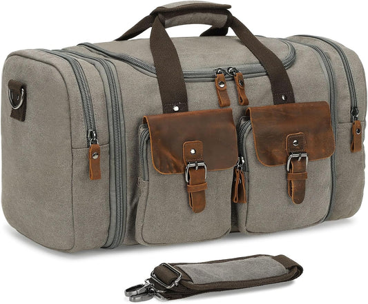 Canvas Duffle Bag with Genuine Leather Accents, Expandable 20-23 Inch Travel Weekender, Multiple Pockets, Gray
