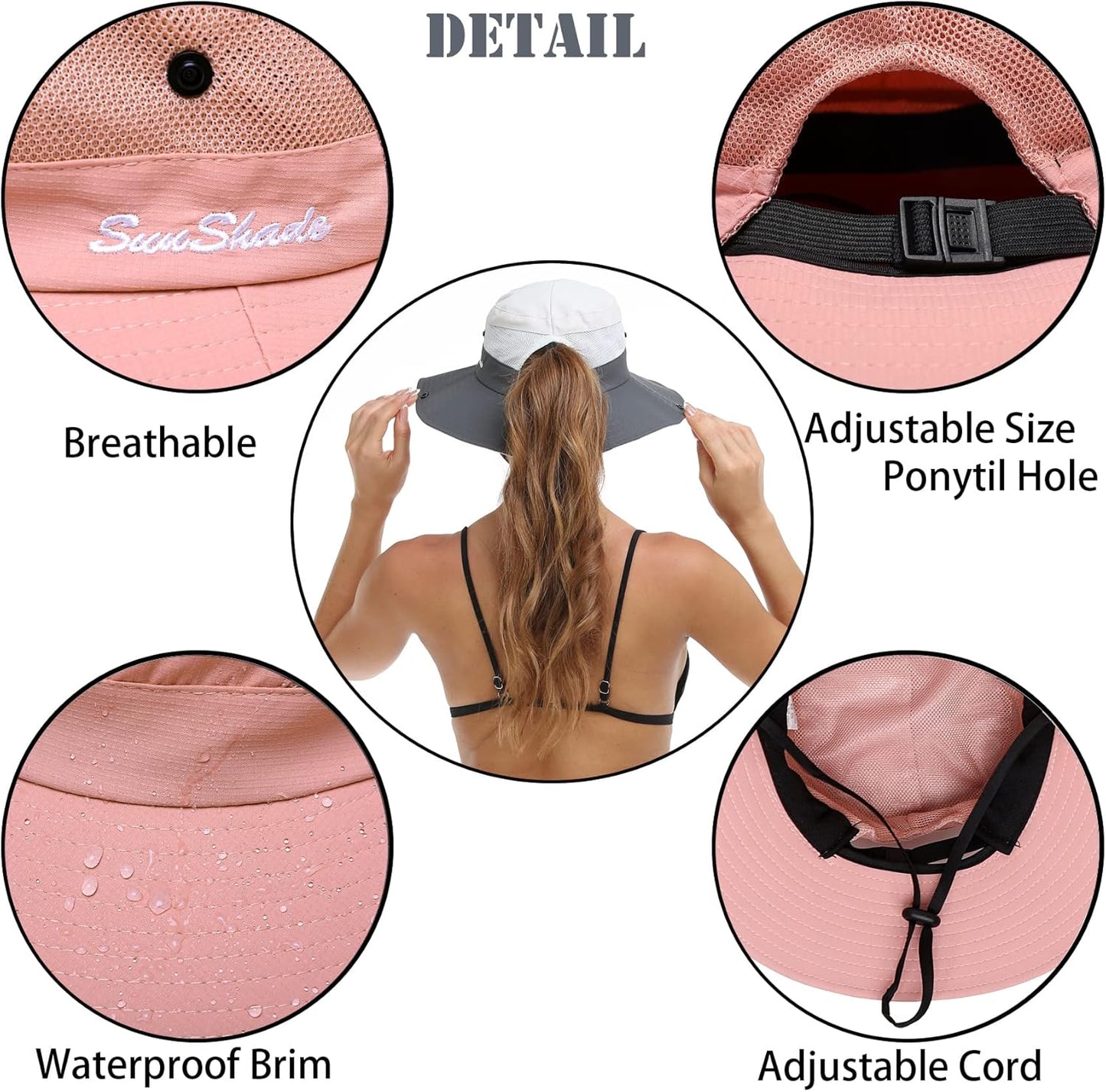 Womens Summer Sun Hat Beach Hat Wide Brim Outdoor UV Protection Hat Foldable Cool Mesh Ponytail Bucket Hat