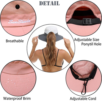 Womens Summer Sun Hat Beach Hat Wide Brim Outdoor UV Protection Hat Foldable Cool Mesh Ponytail Bucket Hat