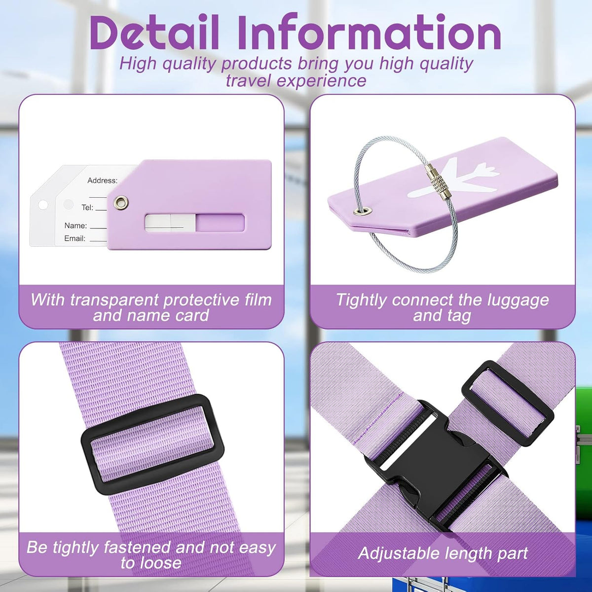 Weewooday 8 Pcs Luggage Straps Suitcase Tags Set for TSA Approved, 4 Travel Adjustable Suitcase Belt, 4 Silicone Luggage Tags with Name ID Card Travel Accessories(Light Purple,Airplane)