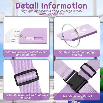 Weewooday 8 Pcs Luggage Straps Suitcase Tags Set for TSA Approved, 4 Travel Adjustable Suitcase Belt, 4 Silicone Luggage Tags with Name ID Card Travel Accessories(Light Purple,Airplane)