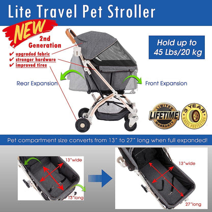 HPZ-PR America Pet Rover Lite Premium Light-Weight Dog/Cat/Pet Stroller Travel Carriage with Convertible Compartment/Aluminum Frame for Small & Medium Pets (Gray 2nd-Gen.)